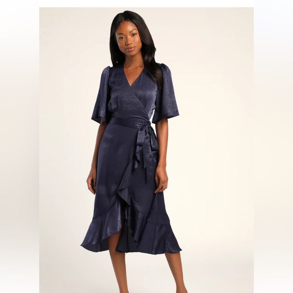 Lulus Wrapped Up In Love Navy Blue Satin Faux-Wrap Midi Dress
